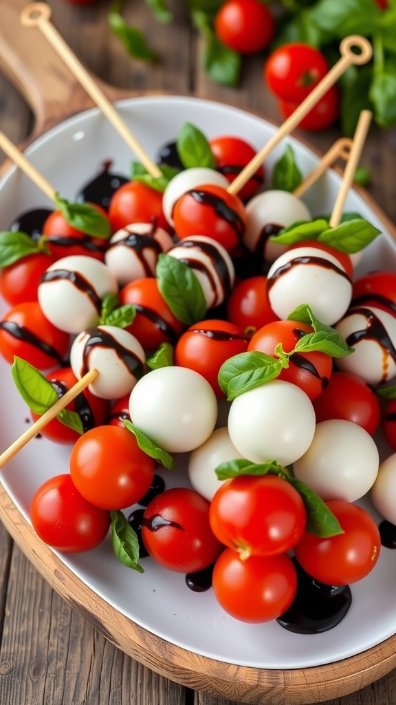 A platter of colorful Caprese skewers with tomatoes, mozzarella, and basil, drizzled with balsamic glaze.